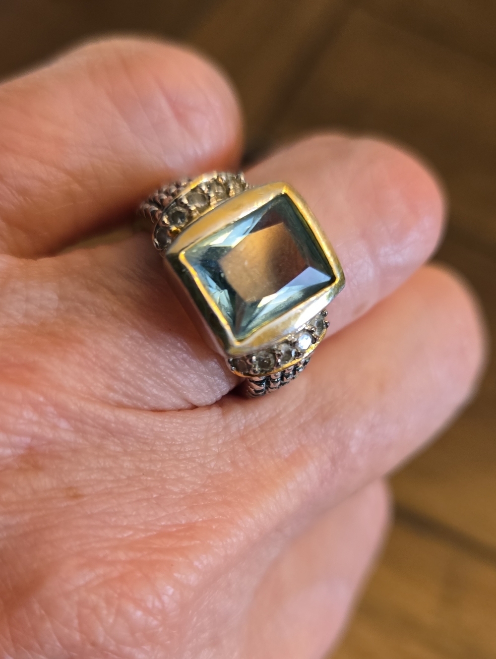 Silver 18 KGE Ring with Light Blue Square Gemstone 5.5 size